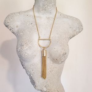 Brass tassel fringe necklace pendant big heavy bold statement piece runway